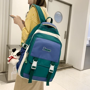 Многокарманный контрастный женский рюкзак с модной пряжкой Женский рюкзак для колледжа Женская модная сумка для книг Нейлоновая студенческая школьная сумка Kawaii