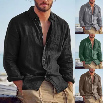 Мужская повседневная блузка, хлопковая льняная рубашка, мужские свободные топы, футболки с длинным рукавом, однотонная осенняя повседневная уличная одежда в пляжном стиле