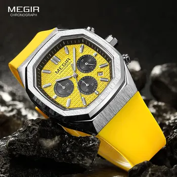 Мужские спортивные часы MEGIR Желтого цвета, военный спортивный хронограф, кварцевые наручные часы с восьмиугольным циферблатом даты, Светящиеся стрелки, Силиконовый ремешок