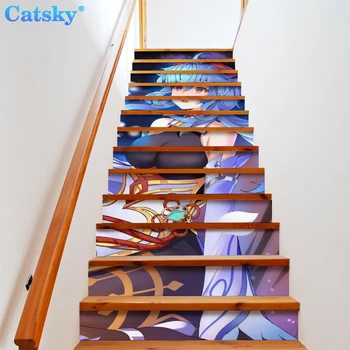 Наклейки на лестницу Genshin Impact Водонепроницаемые съемные самоклеящиеся наклейки на лестницу своими руками, фрески для домашнего декора 13 шт./компл.