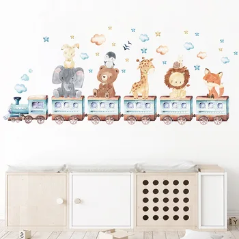 Наклейки на стены детской комнаты с мультяшным животным Поездом, Слон, Жираф, наклейки на стены для детской комнаты, обои для домашнего декора в детской спальне