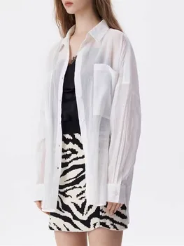 Новая белая блузка с микро-перспективой для женщин, отложной воротник, женские повседневные свободные рубашки с длинным рукавом, топы с карманами