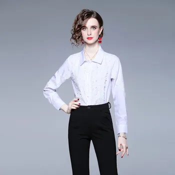 Новая женская Офисная блузка с кружевным подолом в европейском стиле, Женская Белая рубашка Blusa с отложным воротником
