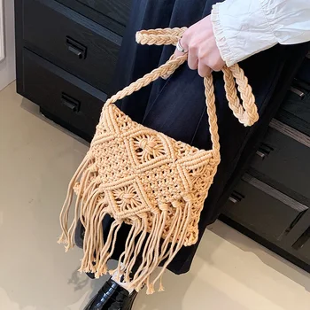 Новая повседневная сумка ручной работы, связанная крючком из тесьмы и бахромы, женская вязаная сумочка с кисточками, женская пляжная богемная сумка-мессенджер через плечо bolsos