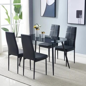 Обеденный стол и стулья В комплект входят 1 Обеденный стол из черного прямоугольного стекла + 4 обеденных стула с элегантной текстурой зачистки и высокой спинкой