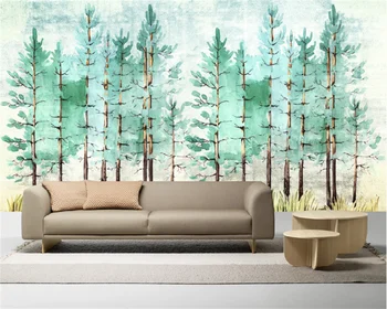 Обои на заказ, акварельная живопись в скандинавском стиле, простой зеленый лес, телевизор, диван, фон, украшение стен, роспись из папье-маше