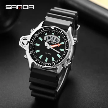 Оригинальные мужские кварцевые цифровые часы SANDA Sport, светящиеся наручные часы с двойным дисплеем, Водонепроницаемая сигнализация, военные спортивные часы