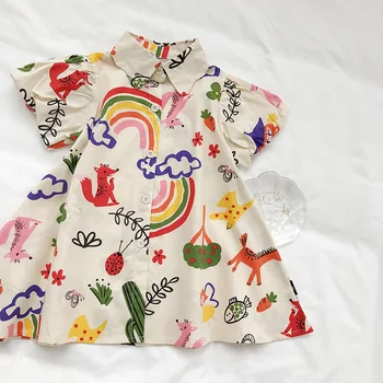 Платье для маленьких девочек, детские хлопчатобумажные платья с короткими рукавами, костюм для малышей с мультяшным принтом, Летняя детская одежда в корейском стиле 2023 года
