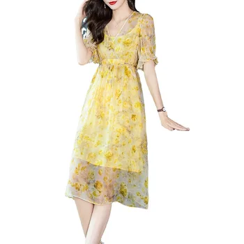 Платье с цветочным рисунком из натурального шелка, комплект из двух частей с рукавом-лепестком большого маятникового типа 48789