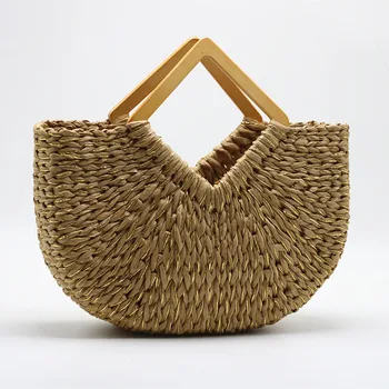 Портативная сумка moon bag с деревянной ручкой, соломенная сумка