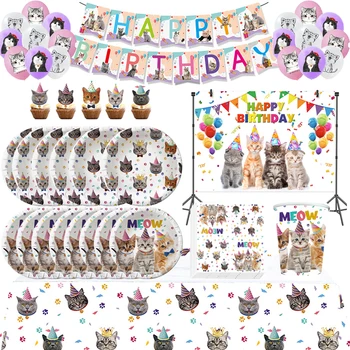 Принадлежности для вечеринки по случаю дня рождения милого кота, Кавайное Мяуканье, украшения для мальчиков и девочек, в том числе баннер с изображением кошачьей мордочки, бумажные тарелки с котенком.