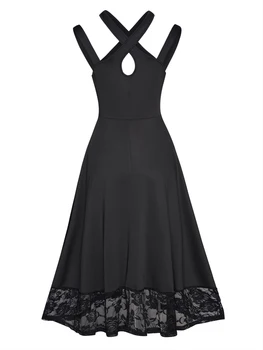 Прозрачное вечернее платье без рукавов с вырезом замочной скважиной Винтажное Женское Черное платье с высокой талией и цветочной кружевной вставкой Асимметричное Миди Jurken