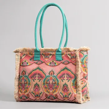 Ретро-сумка через плечо, холщовая сумка большой емкости, новая богемная пляжная сумка с кисточками, женская сумка