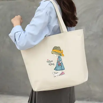 Сумка-тоут с принтом милой девушки из мультфильма, летняя сумка для путешествий с котом большой емкости, женская сумка для покупок