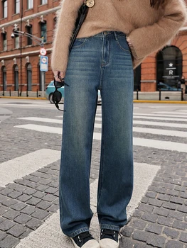 Темно-синие джинсы для женщин, широкие брюки с высокой талией, Свободные удобные прямые брюки, Зима 2022, новые модные повседневные джинсы