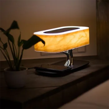 Умная светодиодная прикроватная настольная лампа с беспроводной зарядкой телефона, Bluetooth-динамик, настольная лампа с регулируемой яркостью, креативная деревянная лампа для дома