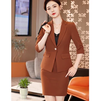 Формальный женский блейзер, женские деловые костюмы, комплект из юбки и топа из 2 предметов, куртка с коротким рукавом, Униформа для работы в офисе