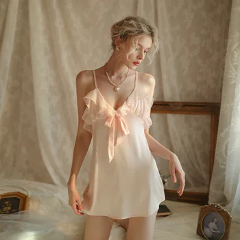 Французская сексуальная ночная рубашка Женская сексуальная ночная рубашка с глубоким V-образным вырезом на подтяжках, кружевная сексуальная ночная рубашка pure desire с бантом