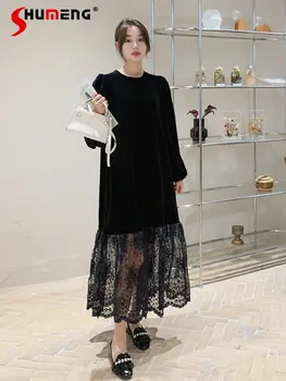 Черное платье Pleuche с пышными рукавами, женское платье 2023, весенняя новинка, элегантный дизайн кружевной строчки, Нежное длинное платье большого размера, Vestidos