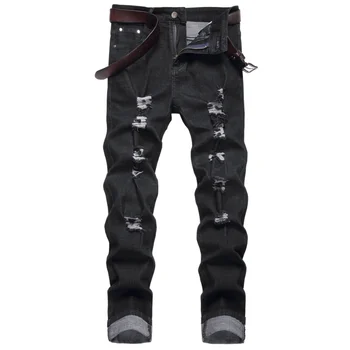 Черные рваные джинсы Мужская мода Тонкие Разрушенные Потертые эластичные узкие джинсы Homme Повседневные Потертые джинсовые брюки-карандаш Уличная одежда